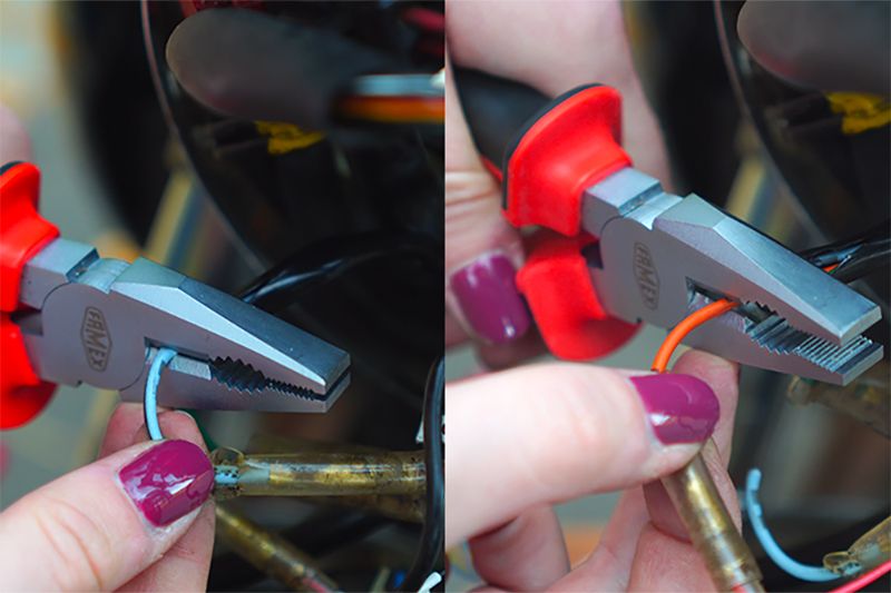 Kabel orange und hellblau durchtrennen